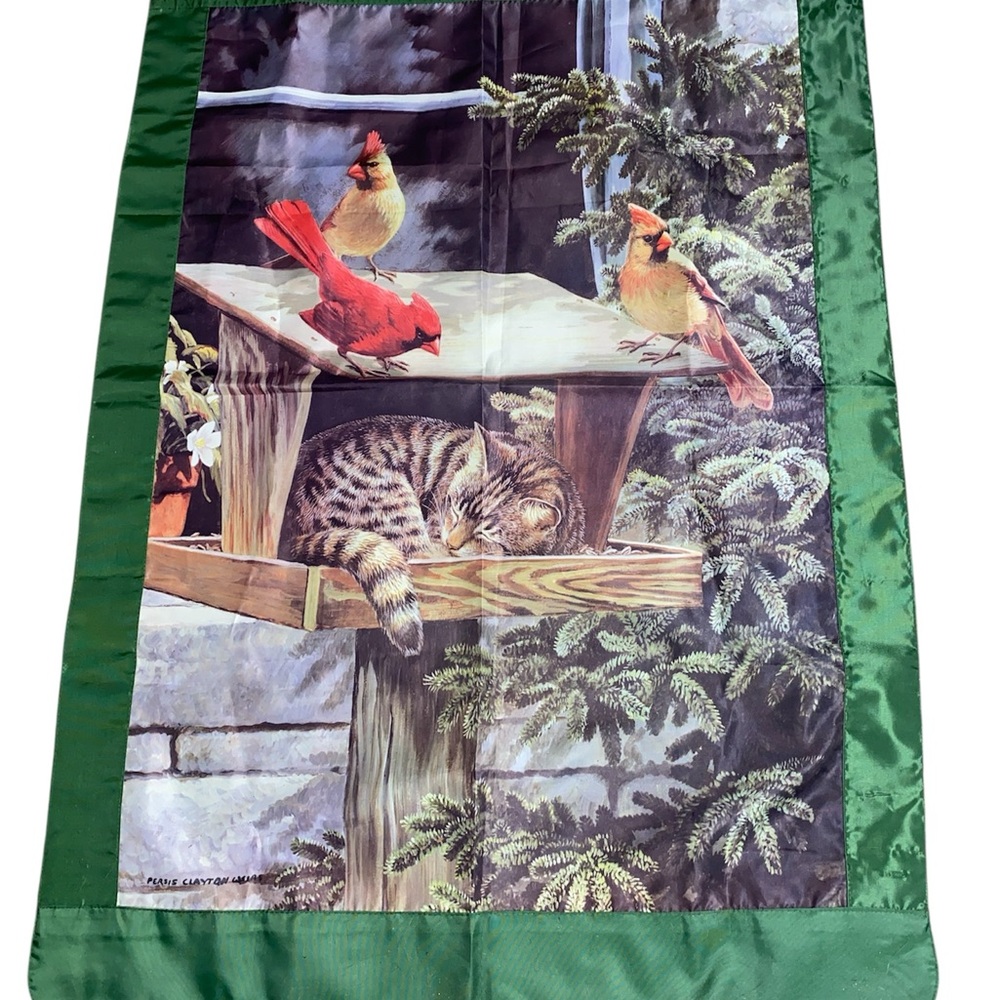 *3A  Green Garden Flag with Birds and sleeping Cat in bird feeder 42”X30”